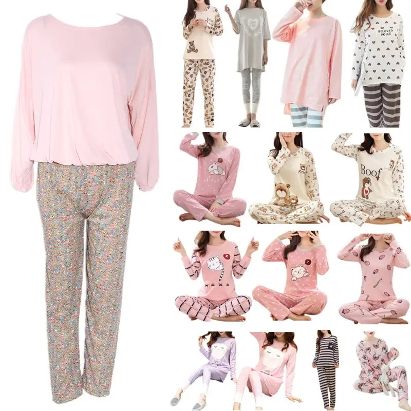 

Пижамный комплект женский с длинным рукавом, одежда для сна с мультяшным принтом, домашняя одежда, милая осенняя одежда X3UE