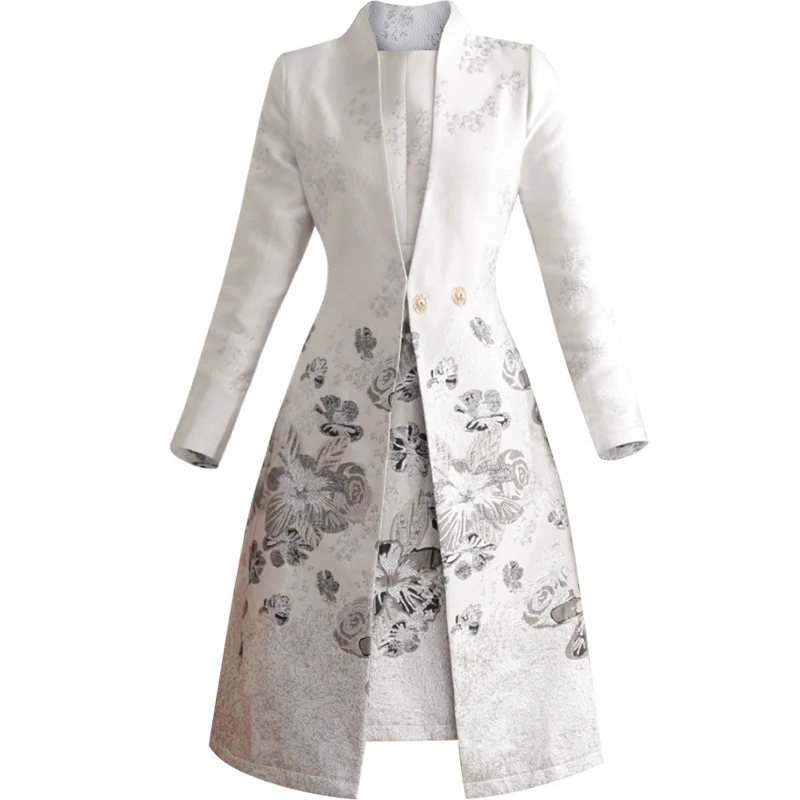 

Tailor Shop Custom Made Silver Big Flower Jacquard Weaving Temperament Brocade Long Coat Mother of The Bride Outfit for Weddings