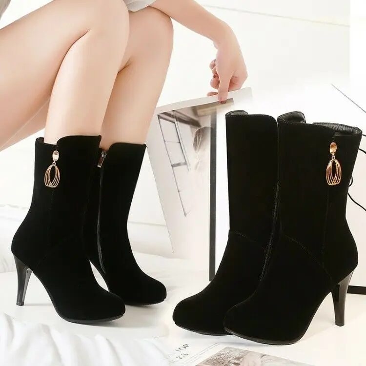 

High Stilettos Heels Ladies Ankle Boots Black Metal Decor Casual OL Shoes Sizes