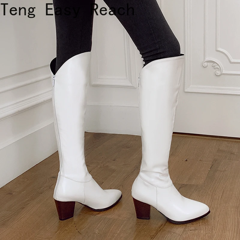 

New Winter Knee High Boots Women with Thick Boots Long Was Thin Woman High Simple Female Boots White Plus Size 33-43