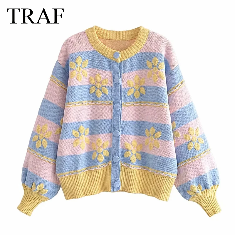 

TRAF ZA Women's Clothes Fashion Flower Stripe Printed Knitted Sweater Retro Single Breasted Jacket Long Sleeve Cardigan Chic Top
