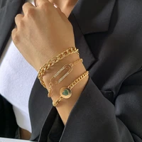 3pcsset cute heart gold color link chains crystals bracelet bangles sets for women punk style rhinestones bracelet jewelry