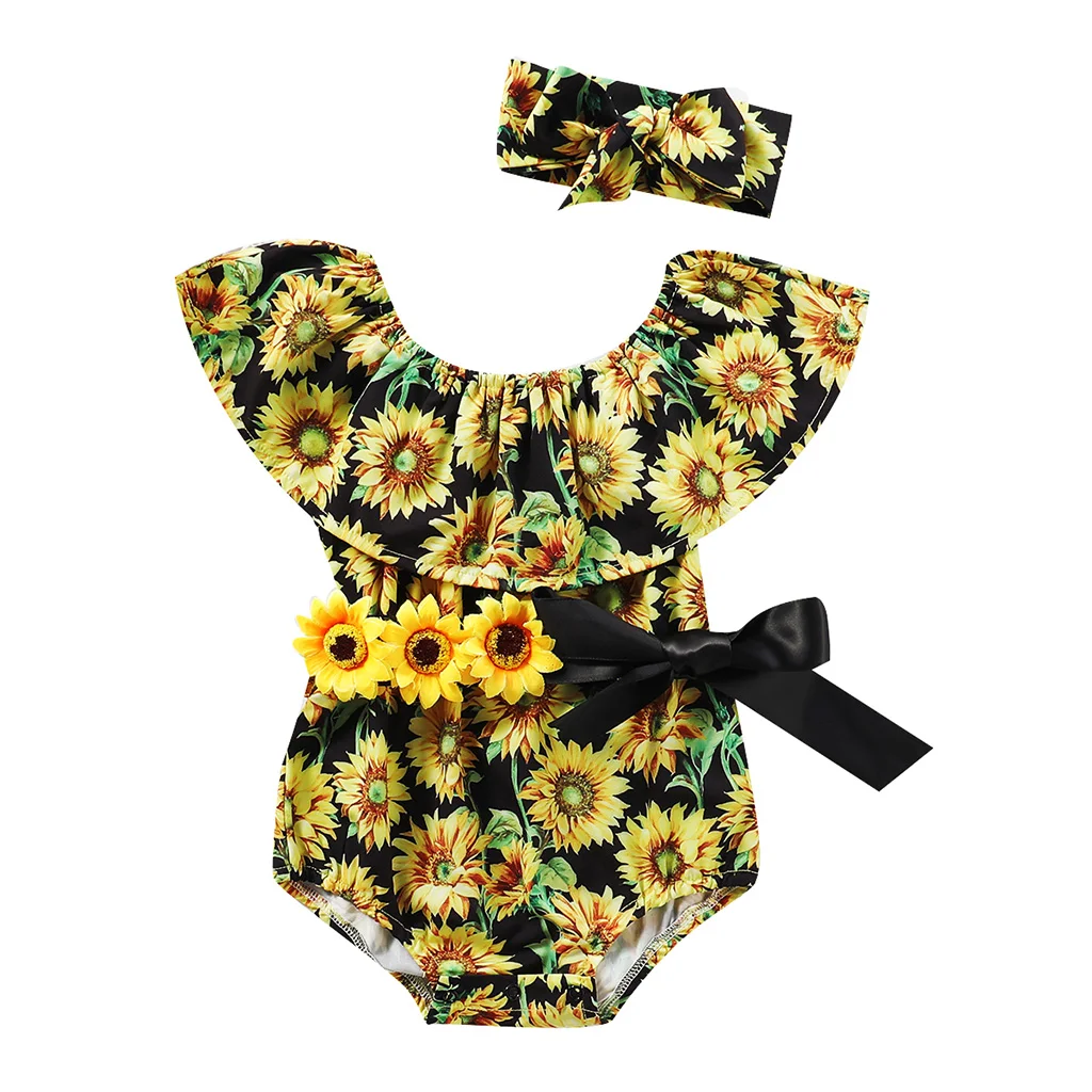 

Baby Bodysuit 2020 Newborn Baby Girl 2PCS Summer Clothes Sunflower Sleeveless Jumpsuit Bodysuit Outfits