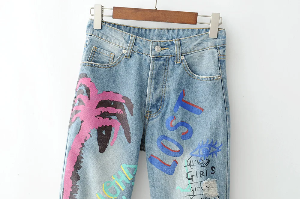 Женские джинсы в стиле хип-хоп с рисунком пальмы |
