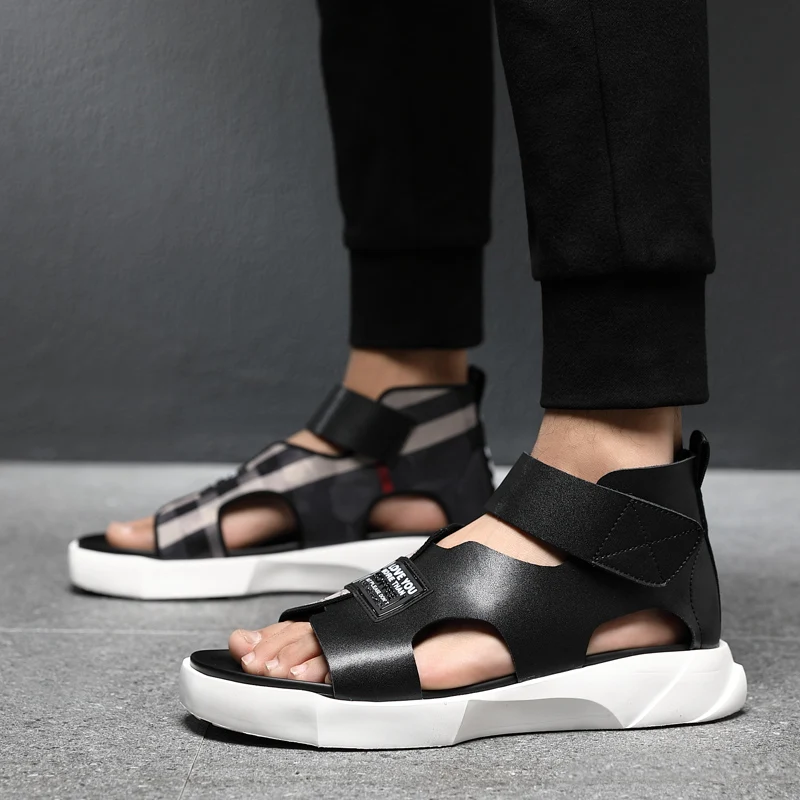 

Hot Sale Gladiator Sandals Mens Black High Top Men Casual Shoes Leather Roman Sandals For Men Hook & Loop Outdoor Men Sandals