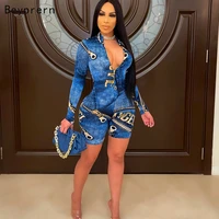 beyprern chic zippers up printed women rompers 2021 summer biker shorts jumpsuits workout overalls one piece party club wear