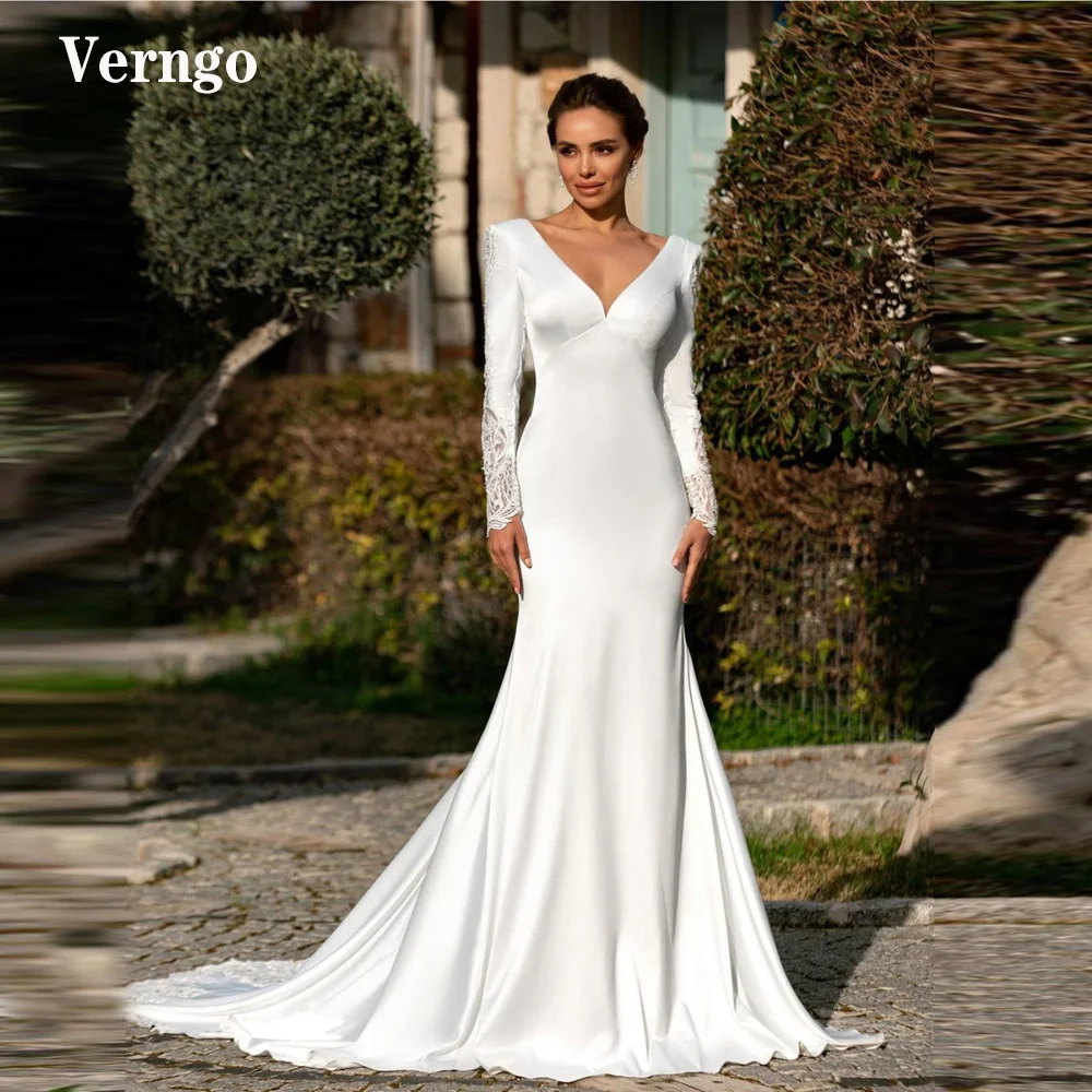

Verngo Elegant Stretch Satin Mermaid Wedding Dresses Long Sleeves Lace V Neck Sweep Train Bridal Gown Backless Vestido de noiva