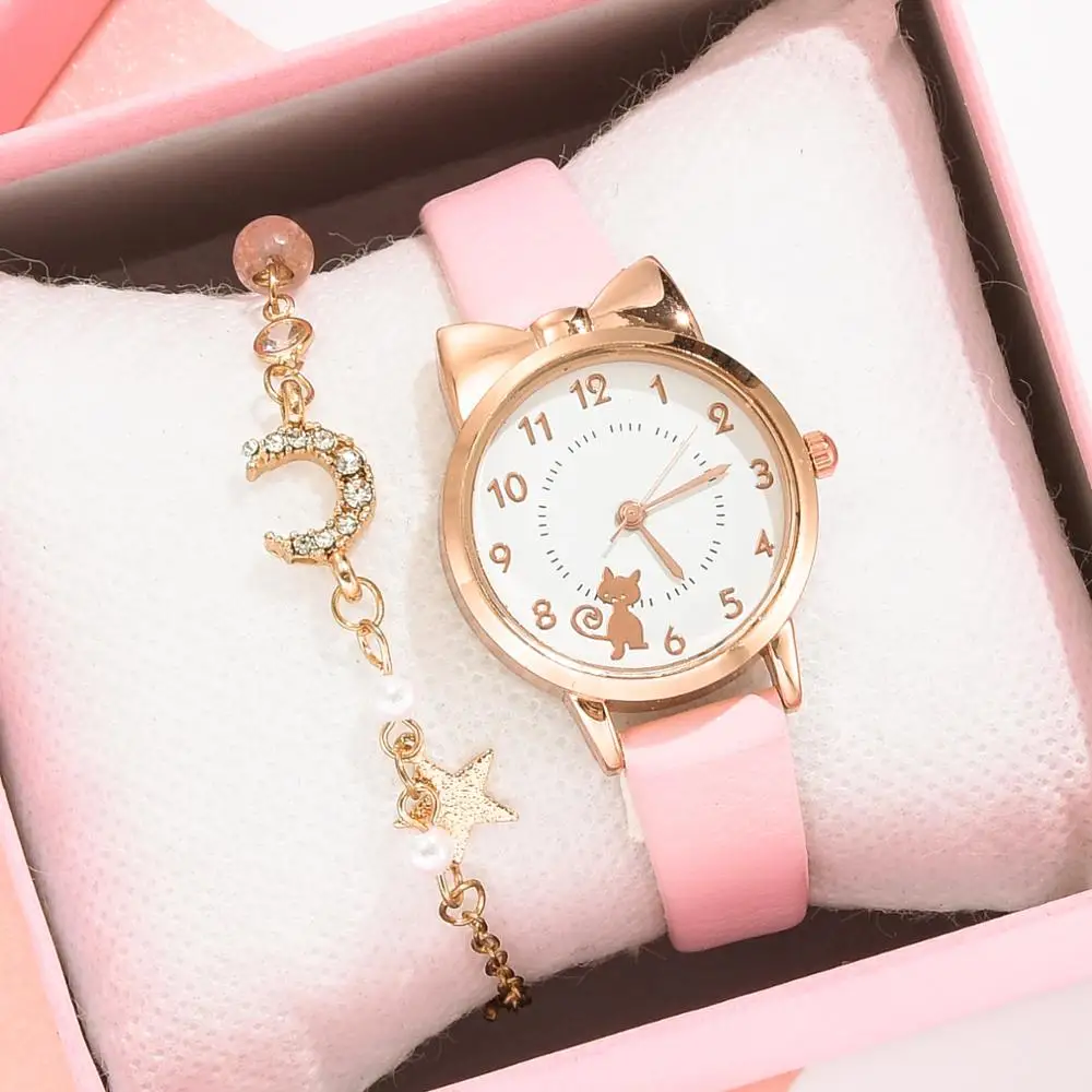 

Relojes de Cuero con patron de gato para mujer, Pulsera Rosa para vestido, estudiantes y ninos, regalo