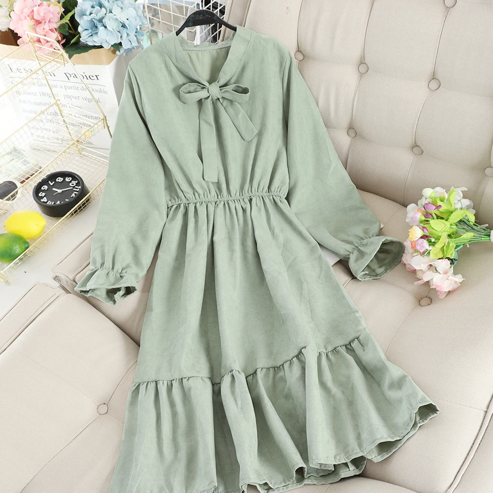 Женское вельветовое платье SINGRAIN теплое однотонное французское романтичное с