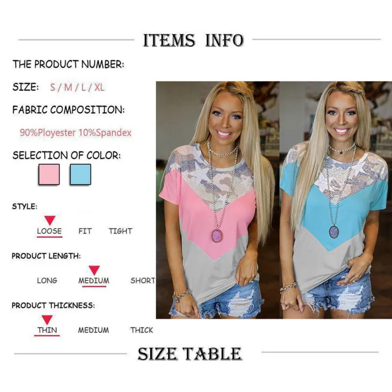 

Women's Summer New Colorblock Camouflage Round Neck Loose Pullover Blouse T-shirt