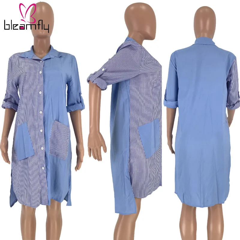 Полосатое платье рубашка с карманами женская одежда осенняя Повседневная