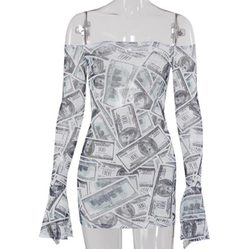 

Fashion Dollar Prints See Through Mesh Mini Dress 2020 New Long Sleeve Off Shoulder Sexy High Waist Package Hip Night Club Dress