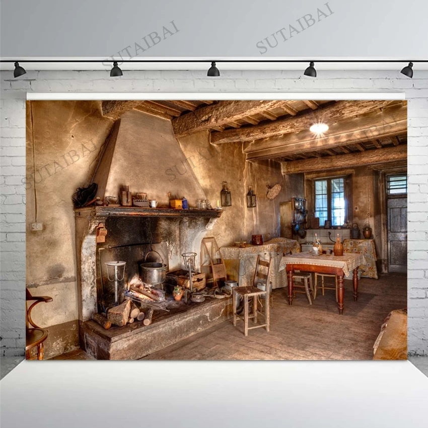 Countryside Rural Fireplace Flame Old Wall Wooden Furniture Interior Photography Backdrop Photocall Photo Background Wallpaper