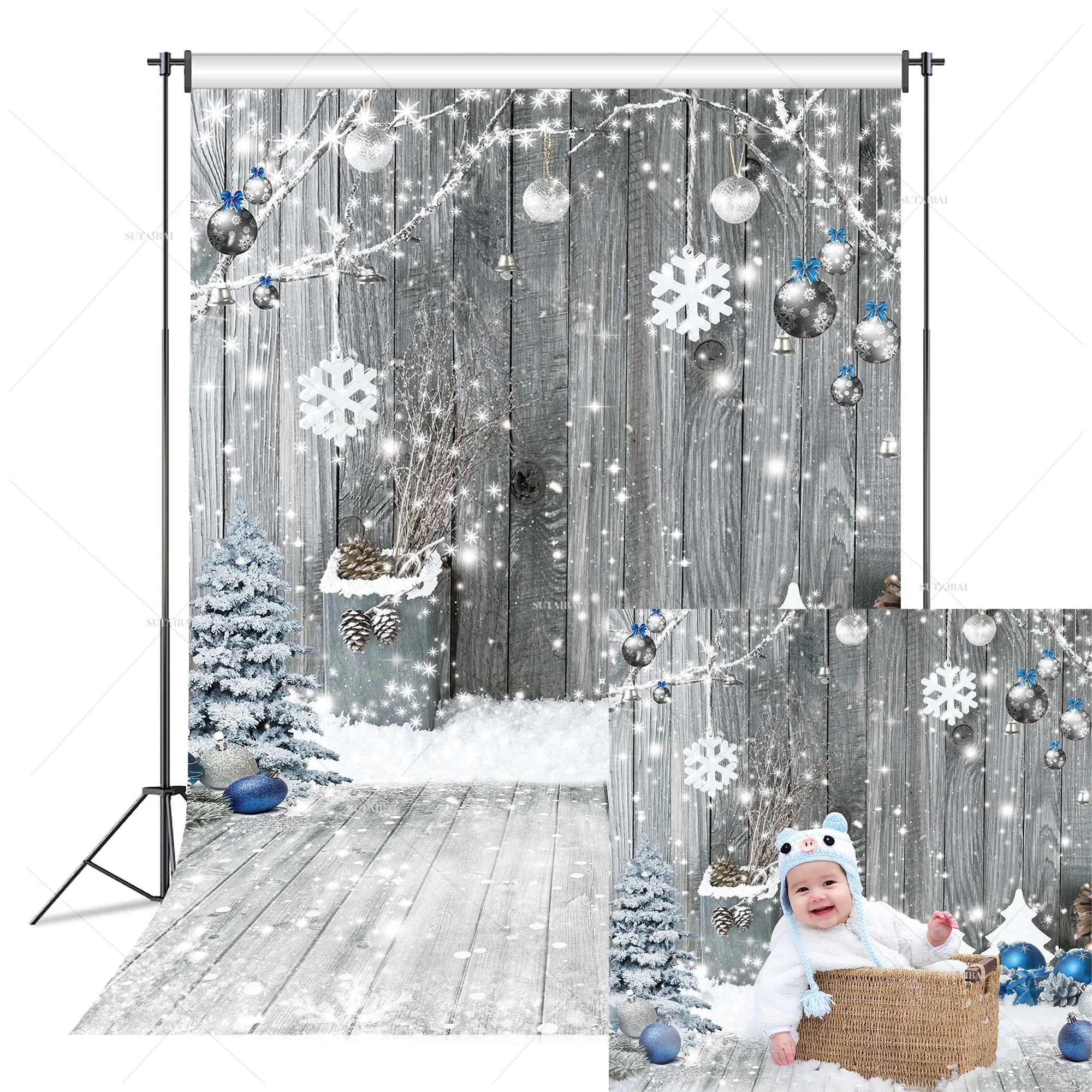 

Christmas Backdrop for Photography Winter White Snowflake Wood Wall Background Party Wooden Floor Banner Decoration for Kids
