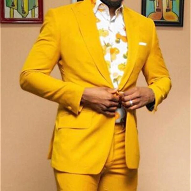 

2021 Tailor Made Fashion Handsome Yellow Men Suits Slim Fit Groom Tuxedo For Wedding Dress Dinner Party 2 Piece (Jacket+Pants)