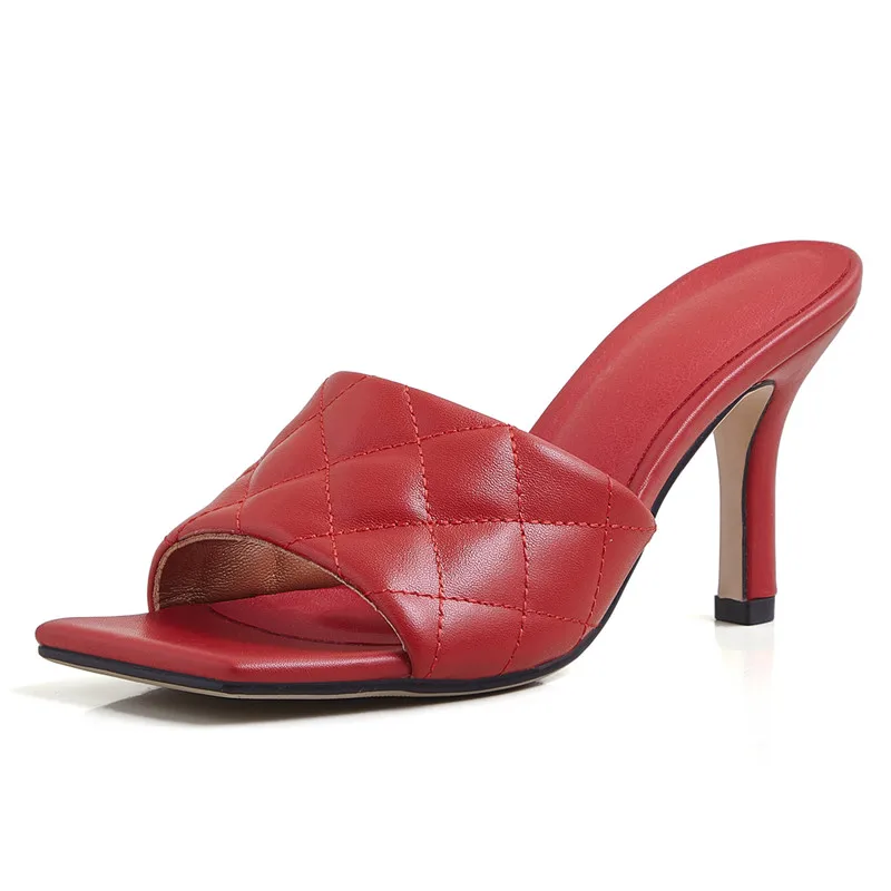 

Brand Design Leather Ladies Sandals Elegant Square Toe Open toe Fine Heel High Heel Sandals Summer Slides Elegant