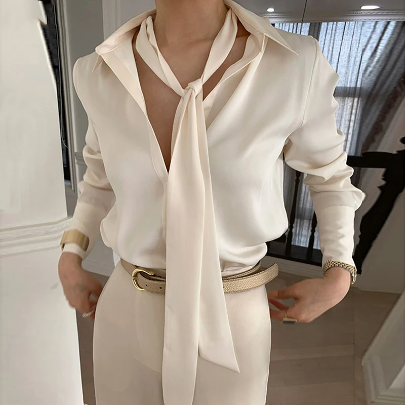 Винтажная рубашка с длинным рукавом Офисная Женская Повседневная блузка бантом