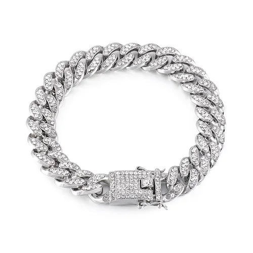 Silver Bracelet Iced Out проложили Стразы 1 компл. 13 мм золото серебро полный кандалы Майами кубинская цепь CZ Bling Рэппер ожерелья для мужчин хип хоп ювелирные изделия - Окраска металла: Silver Bracelet