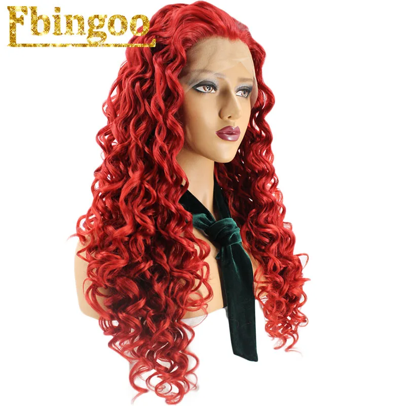 Red Ebingoo Ombre Фиолетовый Красный Розовый Блондин Коричневый Оранжевый парик длинный кудрявый синтетический парик на кружеве для женщин высокотемпературное волокно - Цвет: Red