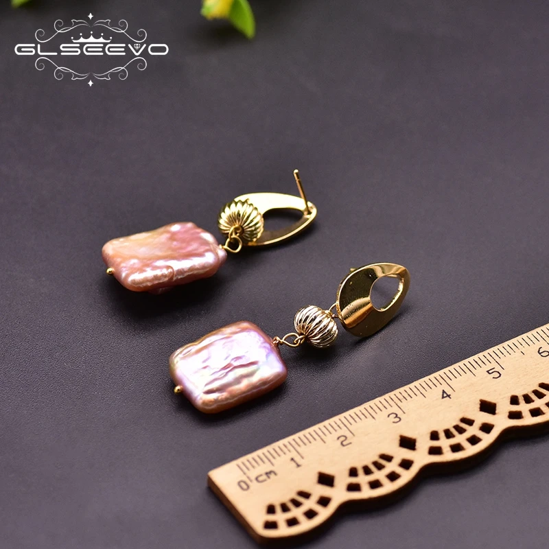 Женские серьги-подвески GLSEEVO геометрические с натуральным жемчугом фиолетовый