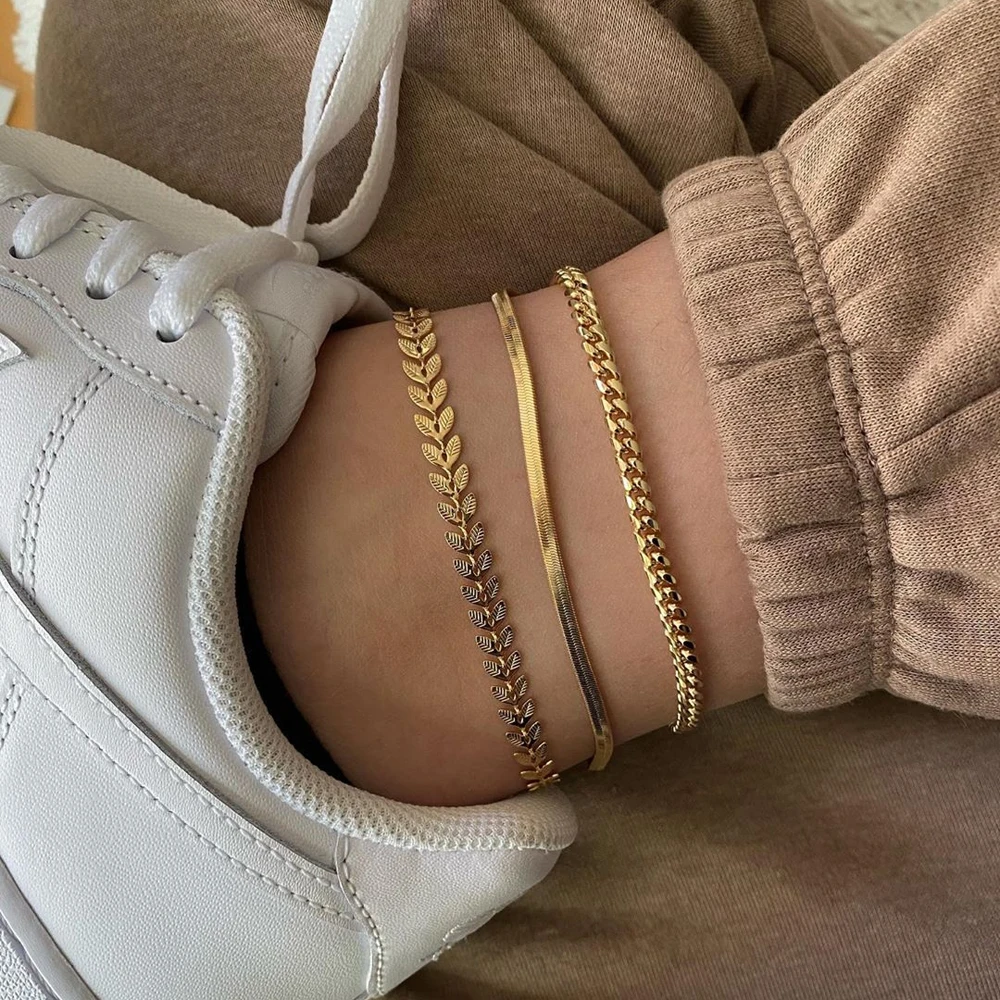 

Fashion Gold Color 3 layers Chain Anklets Women Initial Anklet Bracelet on The Leg Summer Beach Accessories Foot Jewelry
