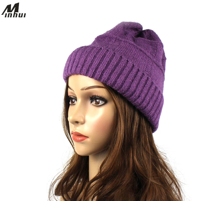 Осенне-зимние шапки Minhui для девочек женские однотонная шерстяная шапка вязаная |