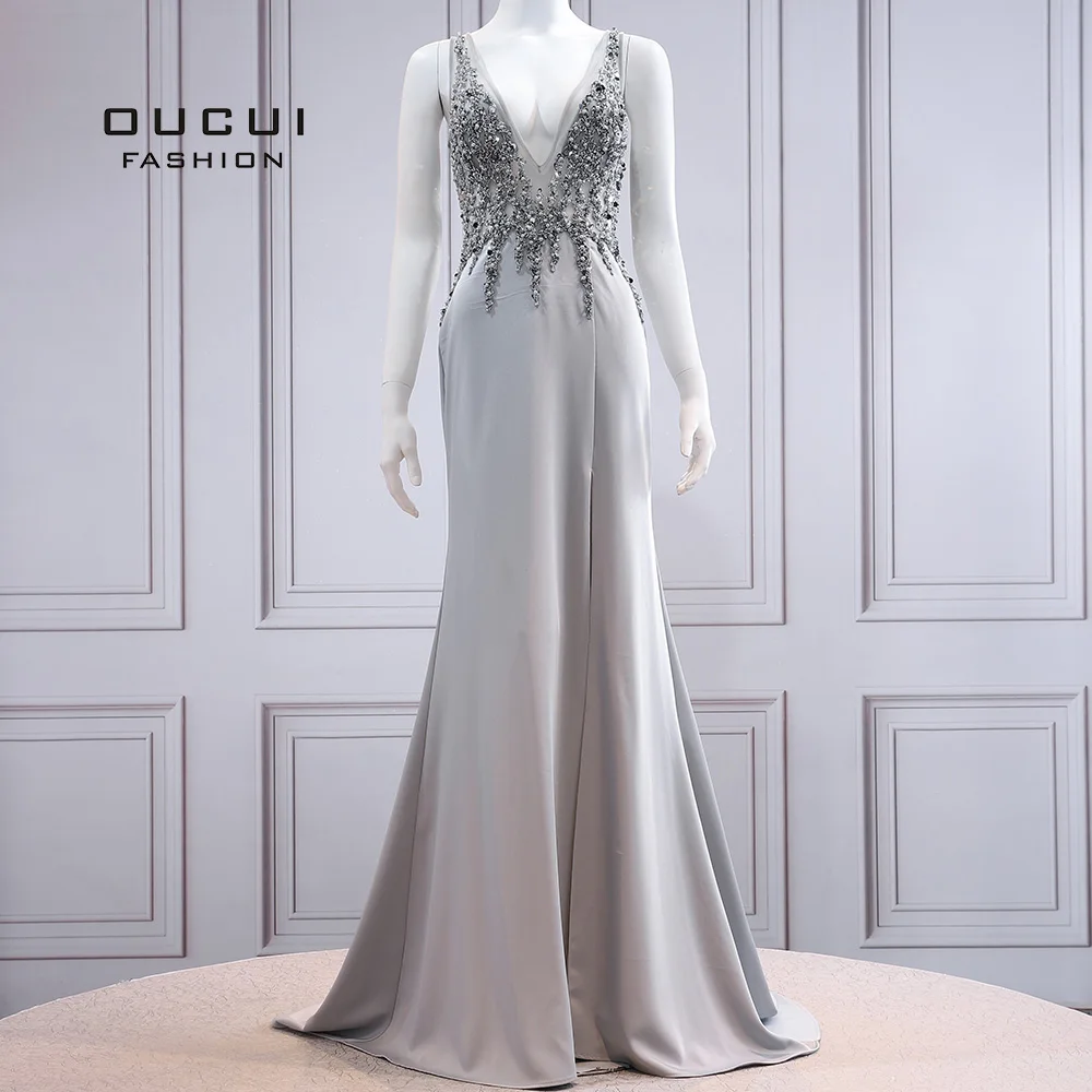 Grey Трапециевидные Длинные вечерние платья Robe De Soiree с v-образным вырезом на спине со шлейфом со стразами без рукавов вечерние платья OL103541 - Color: Grey
