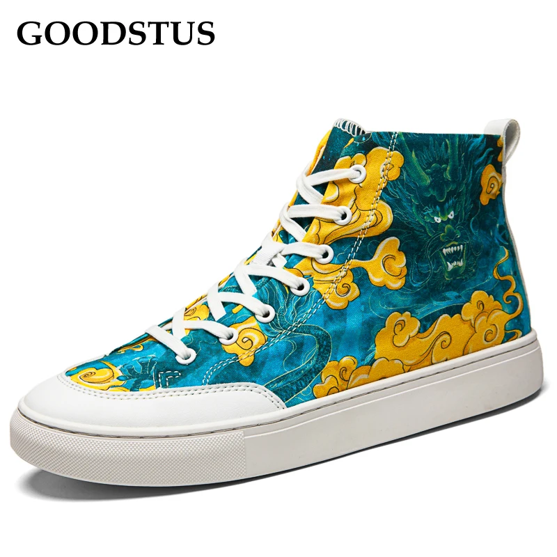 GOODSTUS Men Canvas Shoes Chinese Style Cyan Dragon Comfortable Breathable High Top Fashion Quality Couple Shoe Hot Sale | Обувь