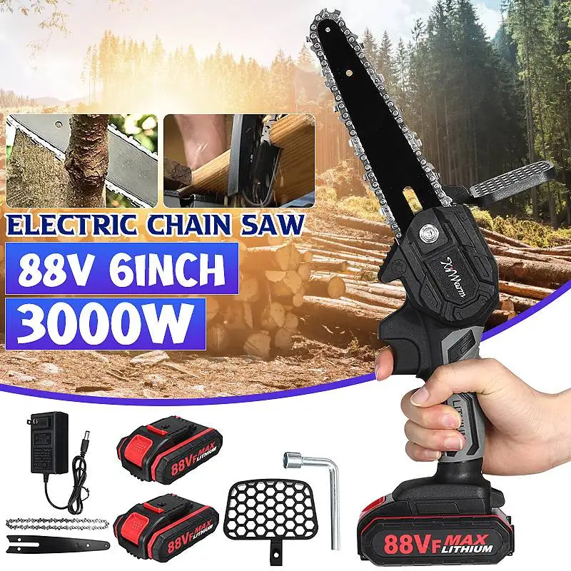 3000W 6 Inch 88V Mini Electric Chain Saw With 2Pcs Battery Rechargeable Woodworking Pruning Saw One-handed Garden Power Tool
