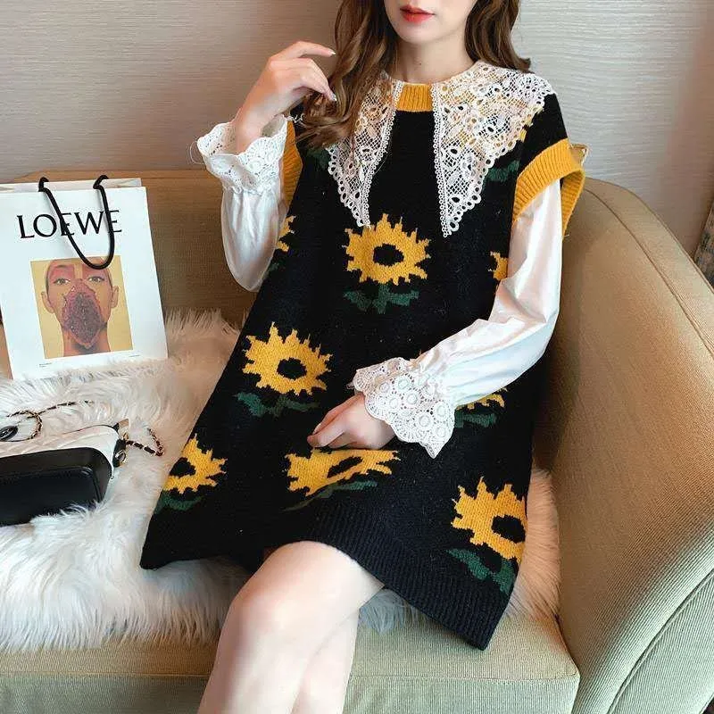 

Vintage Flower Print Women Knitted Sweater Vest Korean Loose O Neck Sleeveless Knitwear Waistcoat Female Casual Pullover Tops