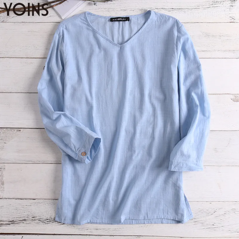 Blue T-shirt YOINS, китайский стиль, футболка, мужская, v-образный вырез, 3/4 рукав, одноцветная, футболка, мужская, Ретро стиль, свободная, хлопок, лён, повседневная, мужская, s, футболка размера плюс - Цвет: Blue T-shirt
