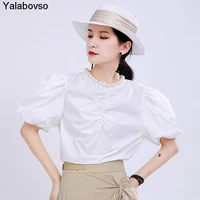 new heavy pearl pleated solid color short bubble sleeve top lantern sleeve t shirt for woman shourt t shirts female white color