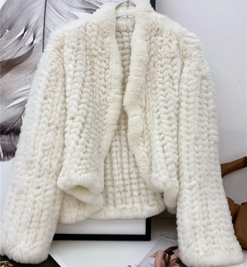Genuine real natural women's knitted rex rabbit fur coat girl's fashional jacket all-match sweater Cardigan