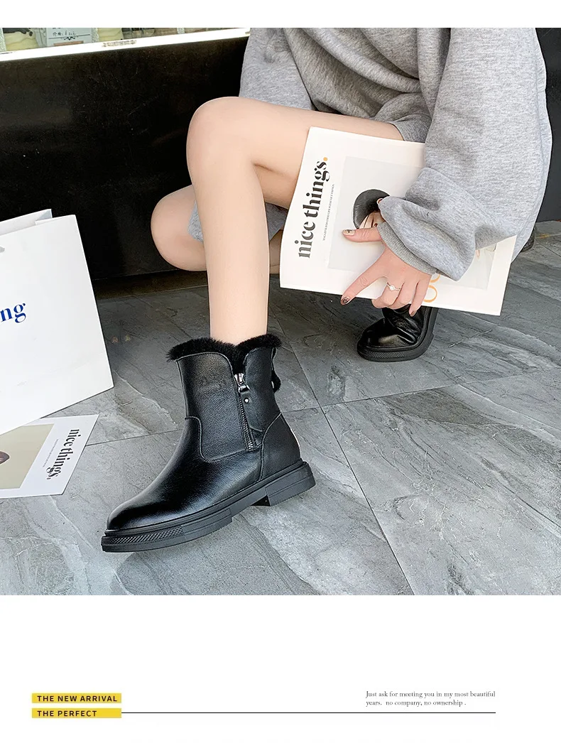 Zapatos de mujer; Новинка года; зимние кожаные женские хлопковые ботинки; шерстяные пинетки с боковой молнией; кожаные женские ботинки
