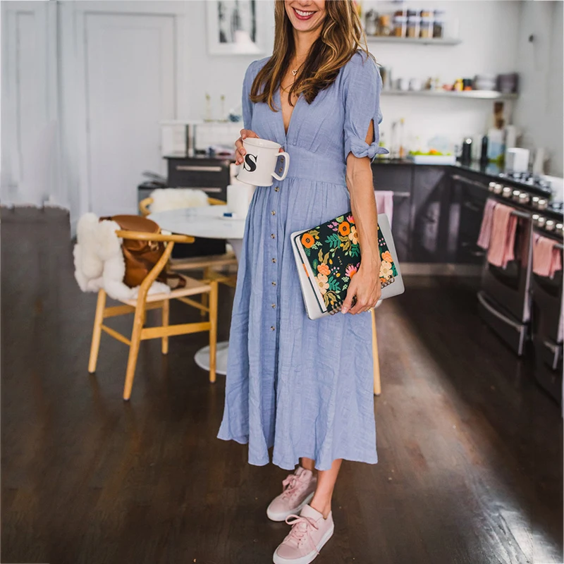 Женское платье качели с V образным вырезом и рукавом средней длины|Женские