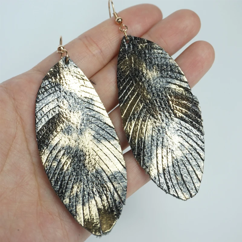 Cpop Trendy Glitter Genuine Leather Earrings Women Nature Shiny Feather Elegant Tassel Dangle Fashion Jewelry Wholesale | Украшения и