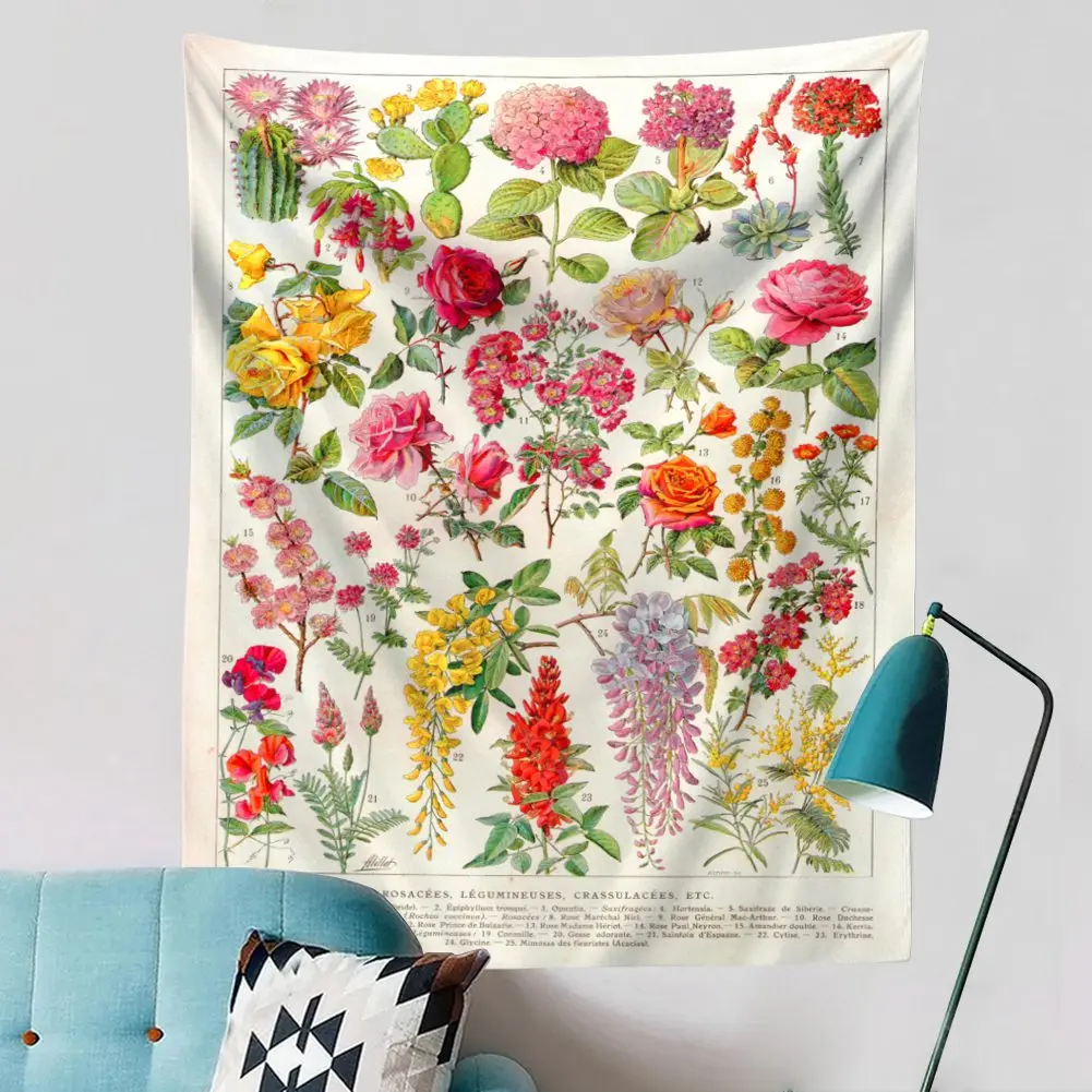 Цветочный ботанический гобелен настенные цветы Таблица цветов эстетические