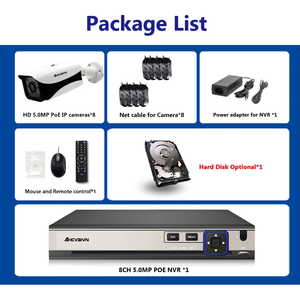 H.265 8CH POE NVR Kit 5 мегапикселей система видеонаблюдения 5.0MP Bullet Room/outdoor IP Camera P2P ONVIF