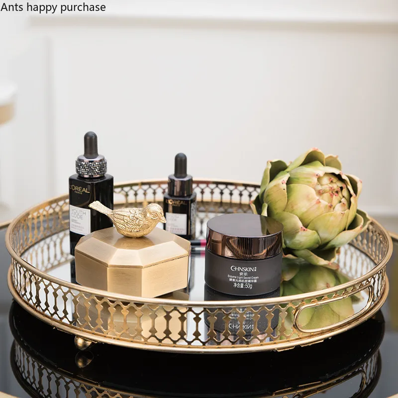 

Nordic Modern Hollow Storage Tray Cosmetics Storage Coffee Table Glass Mirror Tray Round Living Room Household Dessert Storages