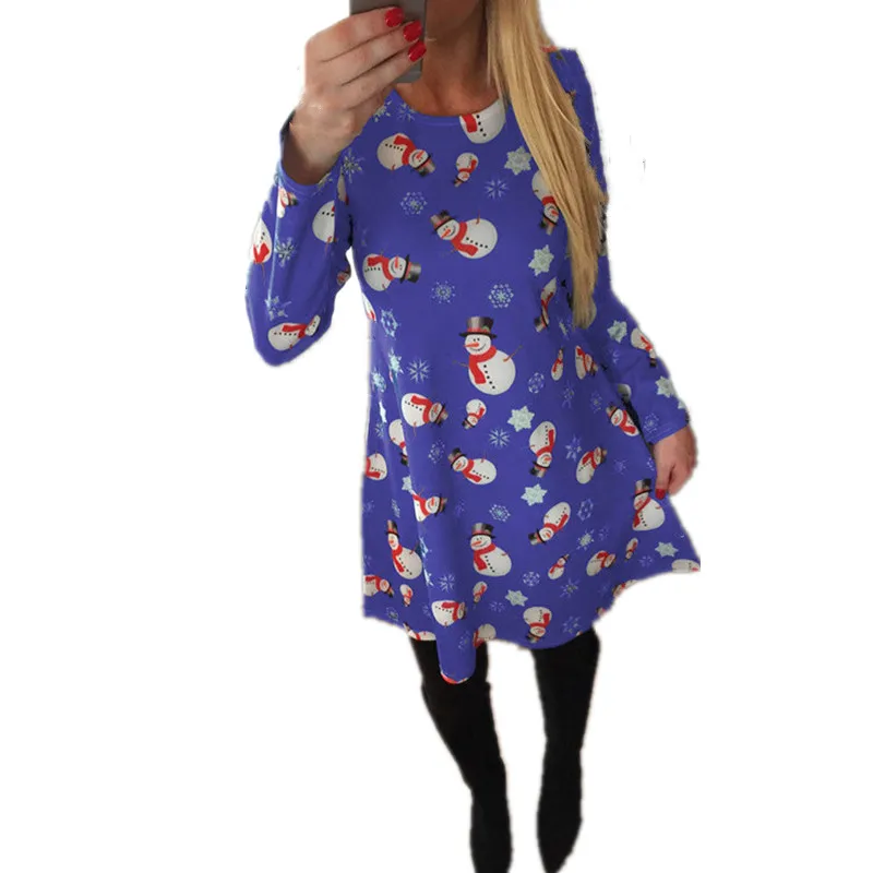 Women's New Year Christmas Tree Snowman Printed Dress Women Fall Winter Evening Party Dresses Long Sleeve Loose Vestidos | Женская