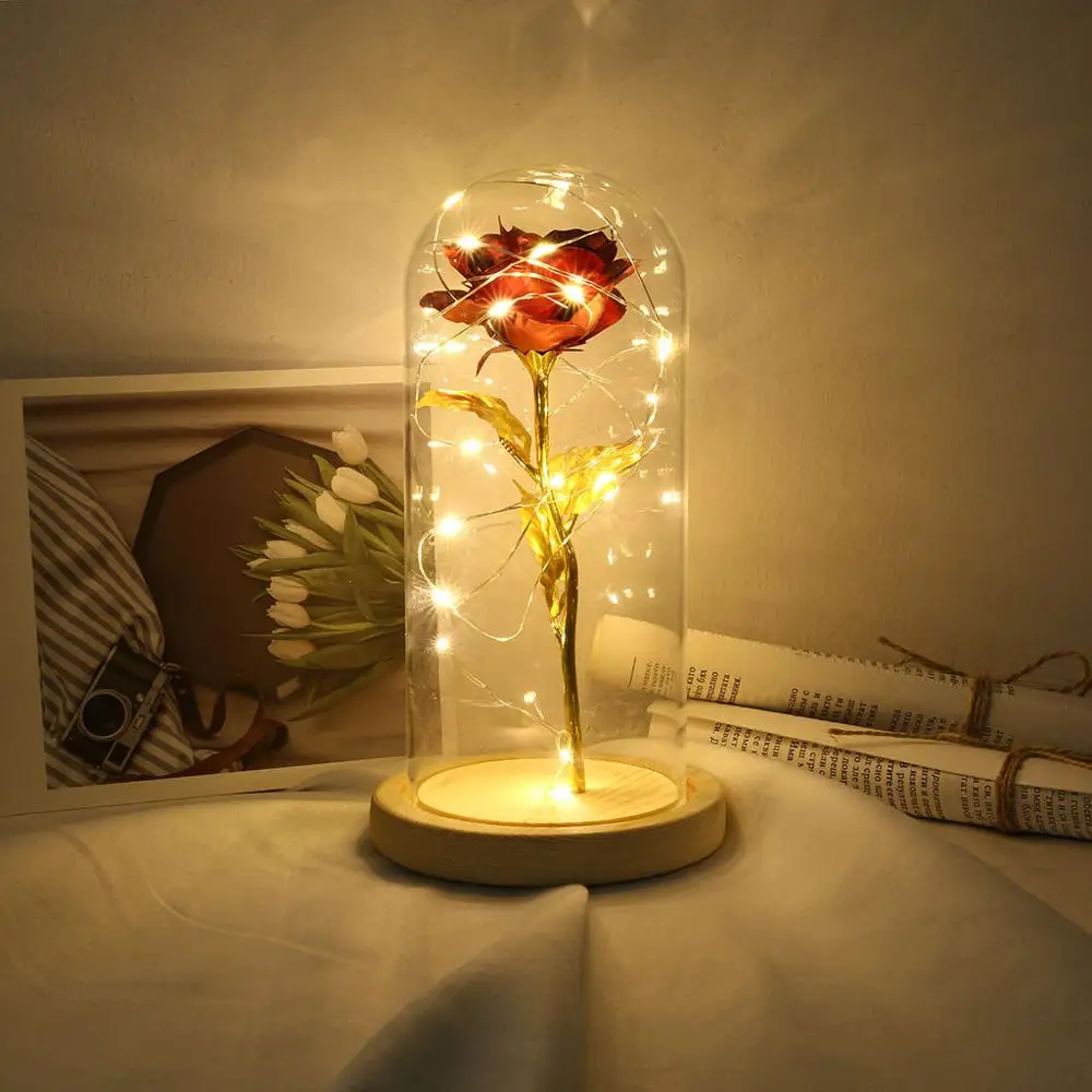 gold foil rose flower with glass cover decoration ornaments artificial lamp night light Mother's Day gift | Дом и сад