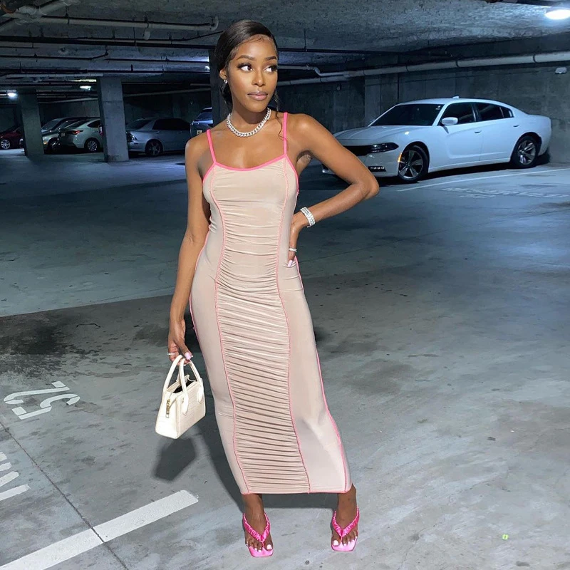 

Женский сарафан большого размера, откровенный облегающий плиссированный сарафан на бретельках с открытой линией, одежда для лета, 2021