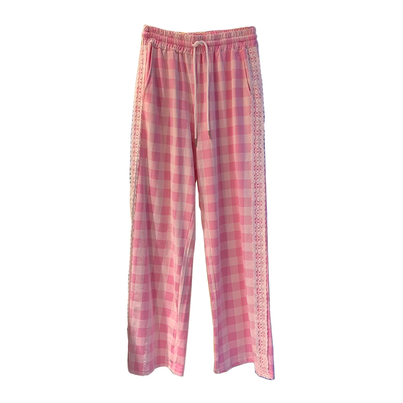 

Pants Women Vintage Plaid Patchwork-Lace Casual Drawstring High Waist Straight Trousers All-match Fashion College Female Retros