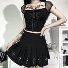 Женский костюм в стиле панк Dark, тактическая плиссированная юбка А-силуэта, черная юбка с цветочной вышивкой, в Корейском стиле