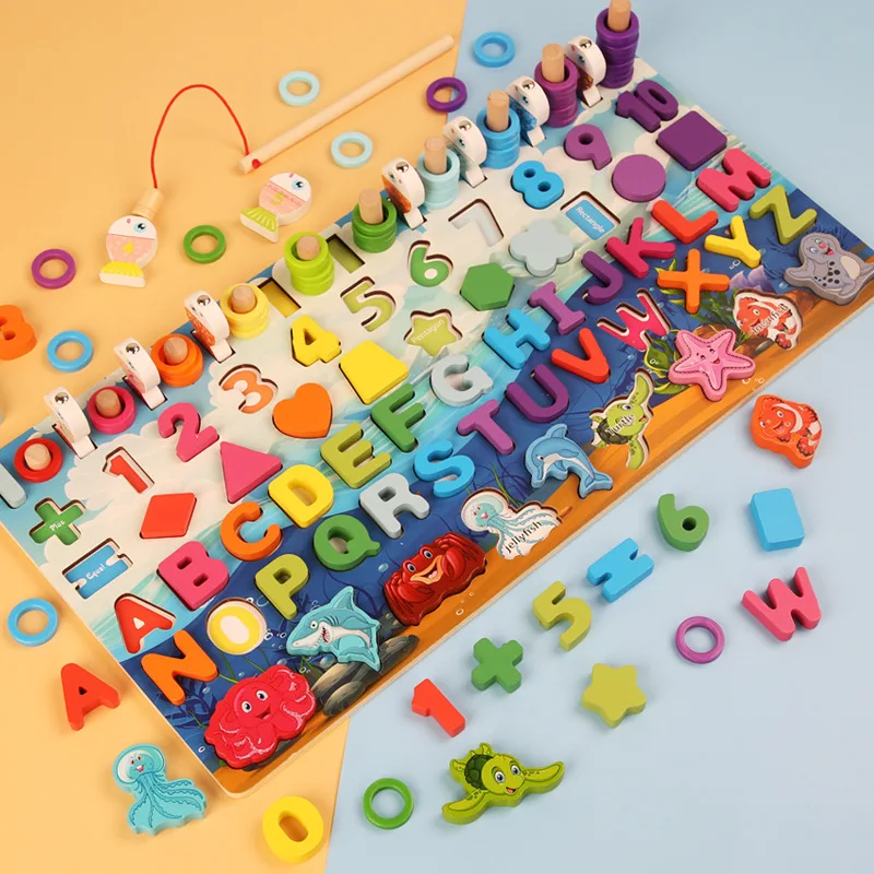 

Wooden Montessori Large Multifunctional Logarithmic Busy Board Children's Shape Matching Traffic Number Fishing Educational Toys