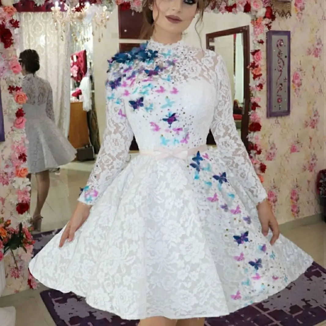 

White Prom Dresses with Colorful Butterfly High Neck Lace Evening Dress Women Party Gowns vestidos de la celebridad