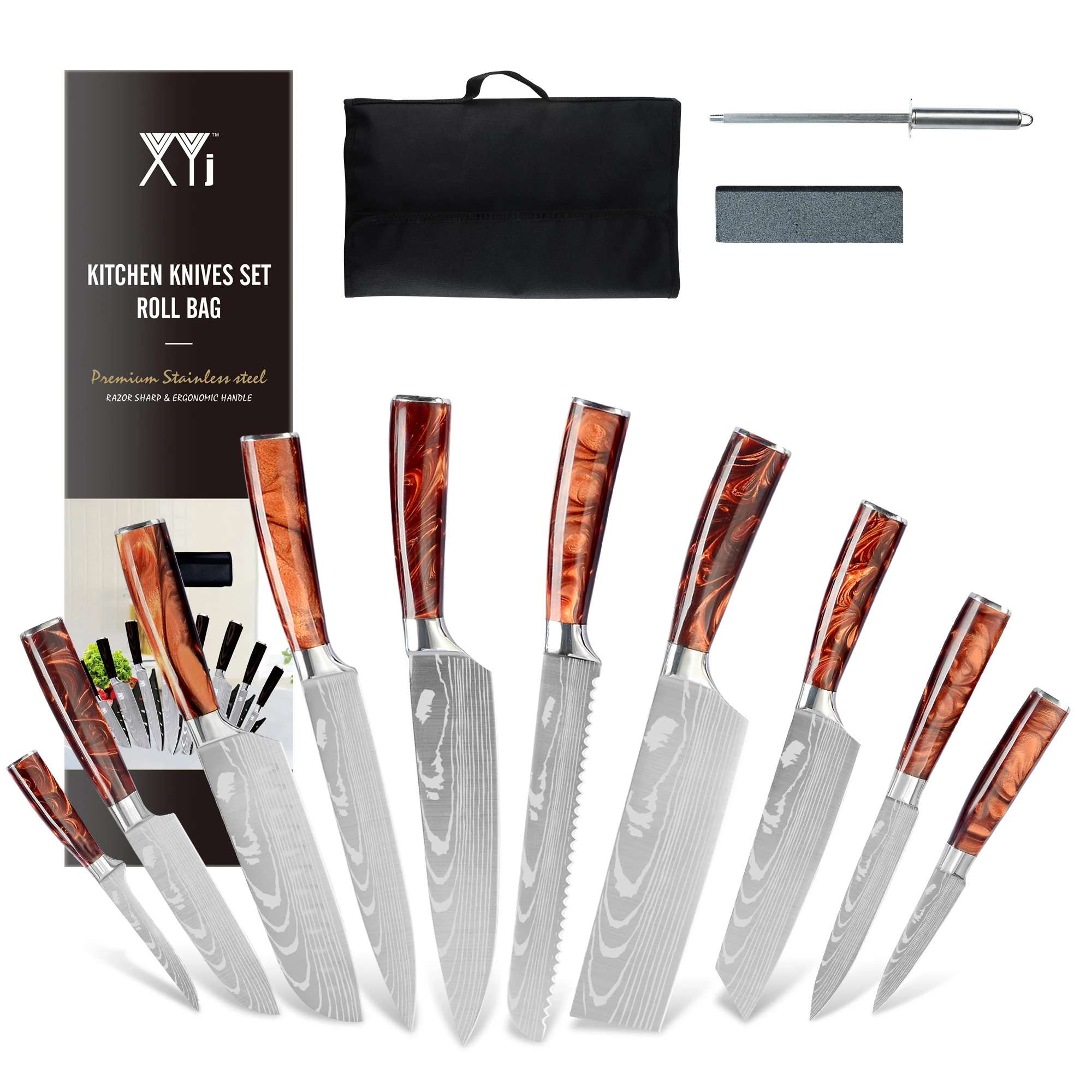 XYJ-Juego de cuchillos de Chef con bolsa de transporte, afilador, varilla de afilar, patr&oacute;n l&aacute;ser de acero inoxidable, herramientas de cocina, 13 unids/set por juego-0