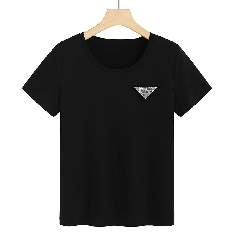 

2021 mercerized cotton 80 thread pure cotton hot drilling half sleeve slim round neck short sleeve T-shirt women's solid color