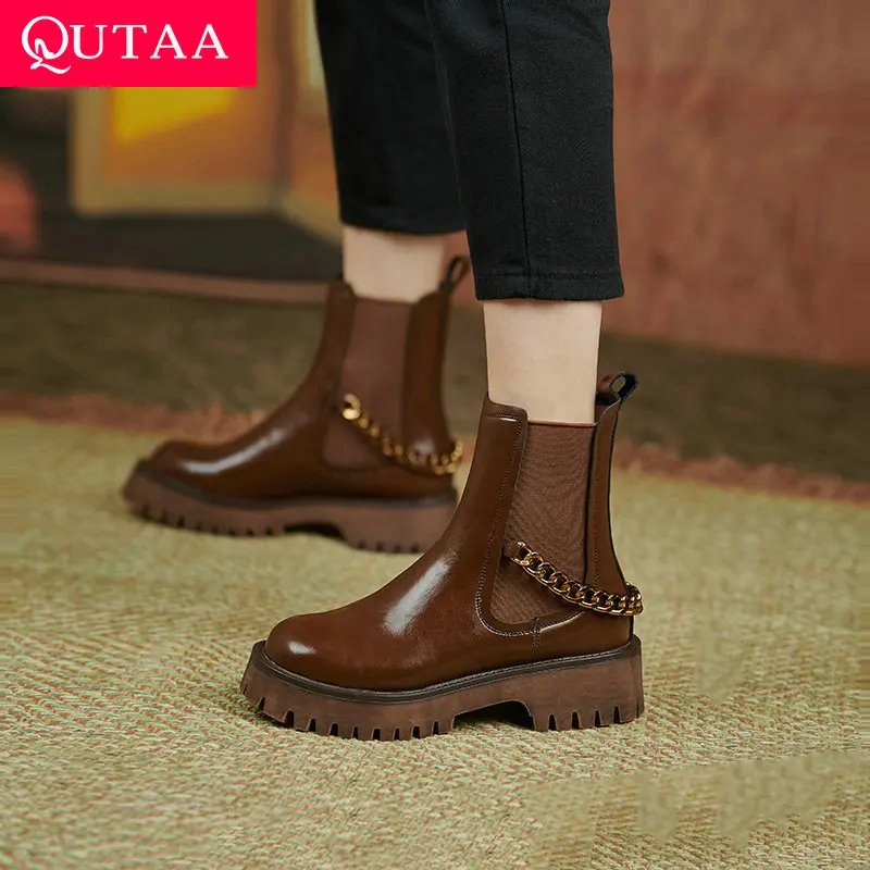 

QUTAA 2022 Autumn Winter Round Toe Casual Ankle Boots Square Heel Slip on Women Shoes Cow Leather Short Chelsea Boots Size 34-40