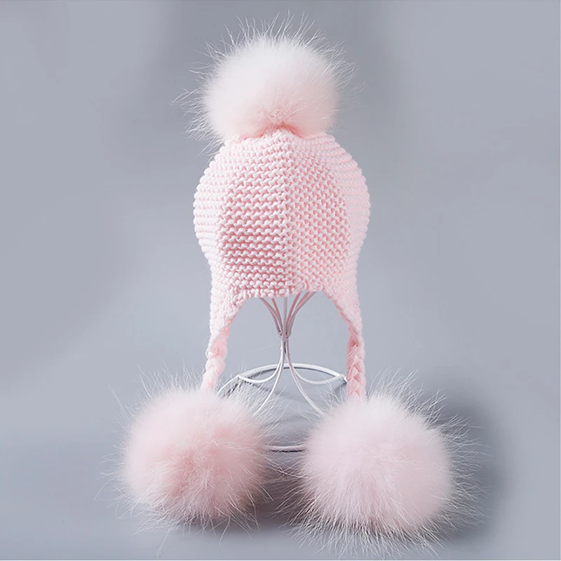 Детская шапка с помпоном из меха енота милая натурального для мальчиков и